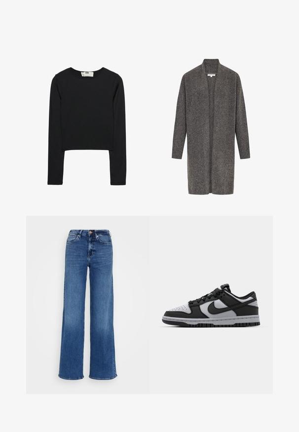 Grå cardigan i mjuk ull, med öppen framsida, långa ärmar och ribbade ärmslut. Har en avslappnad passform och en minimalistisk stil.; Svart långärmad croptop i lättviktsmaterial, med rund halsringning och figurnära siluett, med rena sömmar och utan dekorationer.; Mid-blå högmidjade jeans i denim med vida ben, knapp- och dragkedjestängning, samt fram- och bakfickor, på en enfärgad ljusgrå bakgrund.; Svarta och grå Nike Dunk låga sneakers med perforerat tåparti, släta läderaccenter och gummisula med strukturerat mönster.