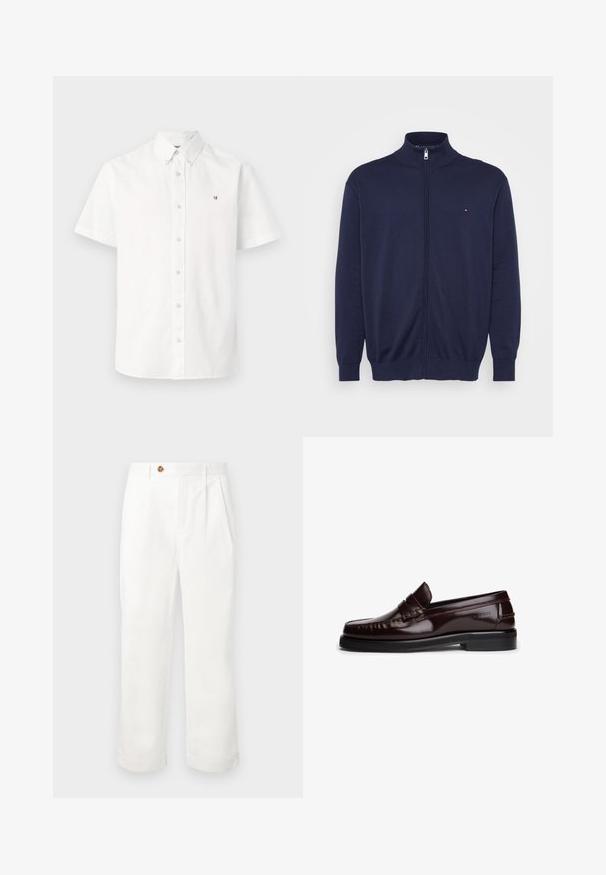 Sweater azul-marinho com fecho éclair e gola alta, mangas longas, punhos e barra canelados, apresentando um pequeno logótipo no lado esquerdo do peito. Textura suave.; Camisa branca de manga curta, com botões, feita de tecido leve, apresentando um colarinho com botões e um logotipo discreto no peito.; Calças de algodão brancas com corte reto, apresentando dois pregas frontais, um fecho de botão único e bolsos laterais. Textura suave.; Mocassins de couro castanho com acabamento brilhante, com costura decorativa, uma tira sobre o peito do pé e sola de borracha plana.