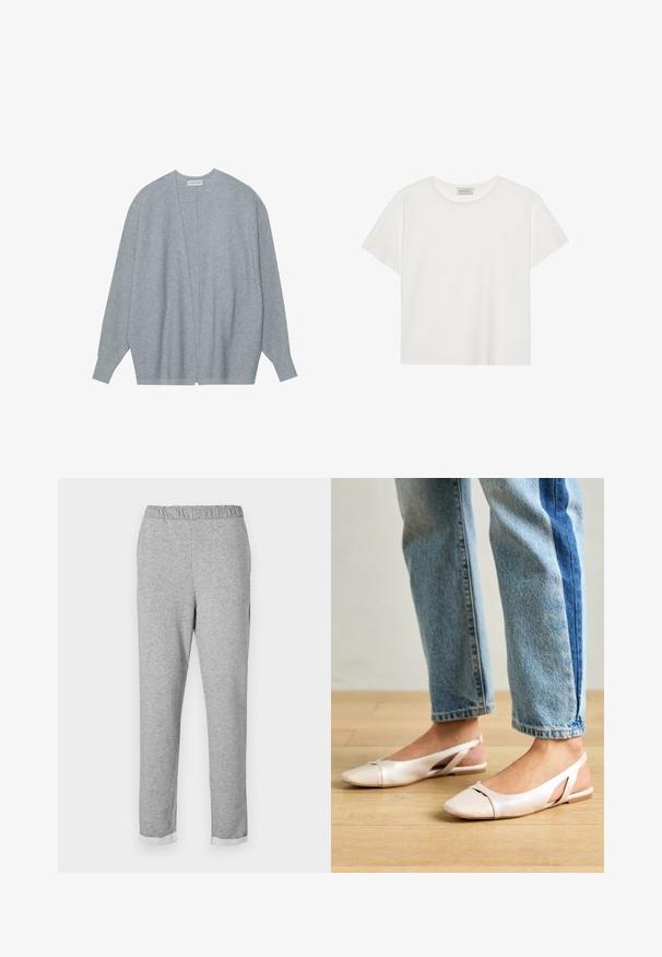 Hellgrauer Cardigan aus weichem Stoff, mit offenem Vorderteil, langen Ärmeln und legerer Passform sowie subtiler Rippstruktur.; Weißes T-Shirt mit kurzen Ärmeln aus weicher Baumwolle. Verfügt über einen runden Halsausschnitt und eine lockere Passform. Sauberes Design ohne sichtbare Muster oder Akzente.; Grau Sweatpants mit elastischem Bund, schmal zulaufendem Bein und umgeschlagenem Saum. Weicher Stoff ohne sichtbare Muster oder Akzente.; Blassrosa Slingback-Ballerinas mit spitzem Punkt, aus einem glatten, lederähnlichen Material. Mit Ausschnitten an den Seiten und einem flachen Absatz.