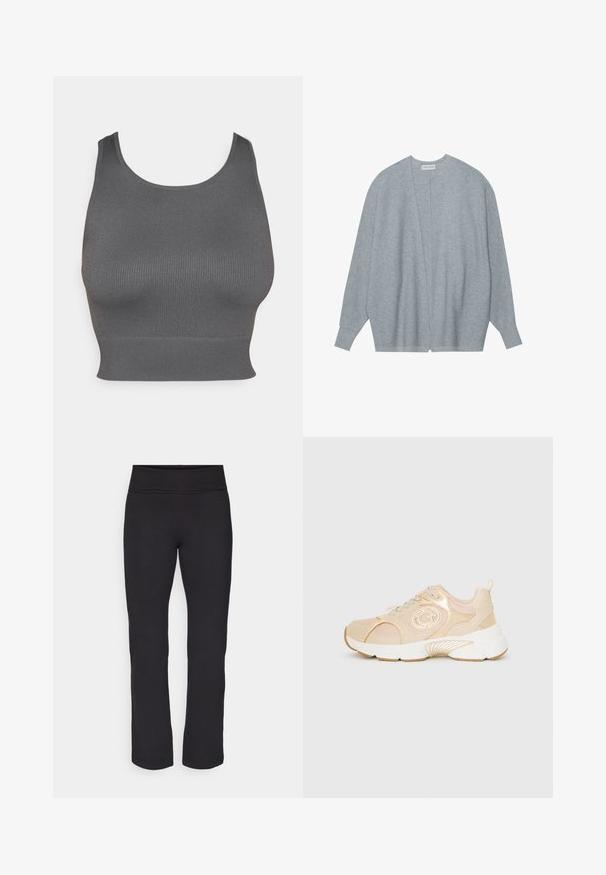 Cardigan cinza claro feito de tecido macio, com frente aberta, mangas longas e um corte descontraído com uma textura canelada subtil.; Top cropped cinza com nervuras, de decote arredondado e uma faixa ajustada na barra. Feito de um tecido elástico para conforto e mobilidade.; Leggings pretos com um tecido liso e elástico e uma cintura larga. Têm pernas retas e de comprimento total, sem padrões ou detalhes visíveis.; Sapatilhas bege com parte superior em malha e sintético, bico arredondado e sola branca espessa. Apresentam detalhe do logo e atacadores de cor clara.