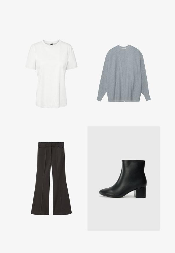 Svijetlo sivi kardigan od mekanog materijala, s otvorenim prednjim dijelom, dugim rukavima i opuštenim krojem s blagom rebrastom teksturom.; Bijela kratka majica s kratkim rukavima od pamuka, s okruglim izrezom i ležernim krojem. Glatka tekstura bez vidljivih uzoraka ili ukrasa.; Crne široke hlače s visokim strukom; sadrže dva prednja džepa i glatku teksturu materijala. Pogodne za razne prigode.; Crne kožne čizme do članaka s uskim vrhom i debelim potplatom. Glatka tekstura s minimalnim detaljima i elegantan, prilagođen dizajn.