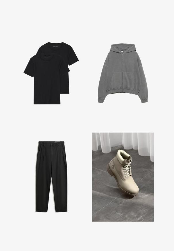 Siva dukserica na zip koja je napravljena od pamuka. Ima kapuljaču, prednje džepove i izrezani rub. Dizajn uključuje vezeni logo na prsima.; Dvoje crnih pamučnih majica s kratkim rukavima, okruglim izrezom i glatkom teksturom, prikazanih n stacked. ; Crne pamučne hlače s opuštenim krojem, s klasičnim pojasom, prednjim nabranjima i bočnim džepovima. Glatka tekstura bez uzoraka.; Bež čizme za rad s vezicama, s podstavljenim ovratnikom i debelim potplatom, na sivoj pločici ispod bijelih prozirnih zavjesa.