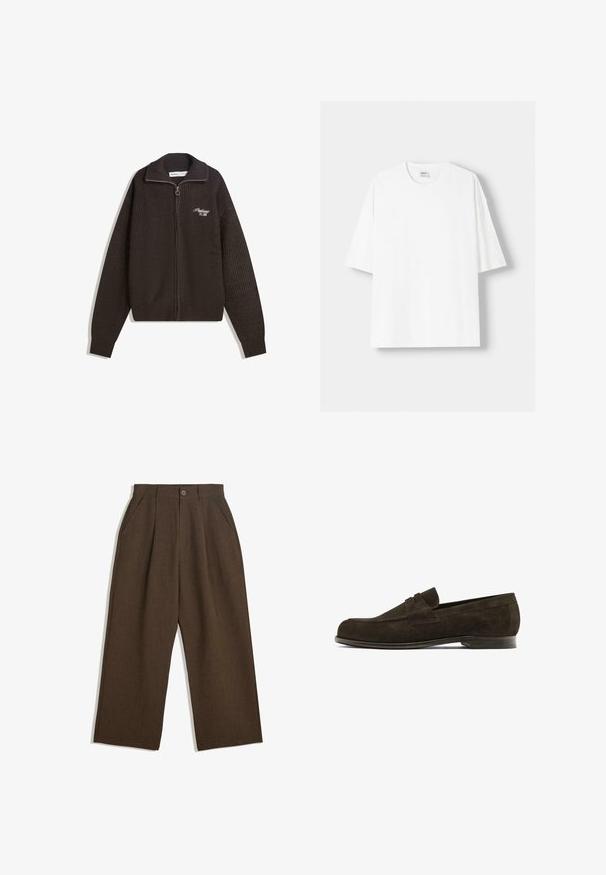 Tmavě hnědý pletený svetr na zip s vysokým límcem a malým bílým vyšitým textem na levém prsu s nápisem "Proficient Est. 2001".; Bílá krátkosrstá tričko s krátkým rukávem vyrobené z bavlny, se zaobleným výstřihem a volným střihem. Hladká textura, bez viditelných vzorů nebo akcentů.; Hnědé skládací kalhoty s širokým střihem, vybavené zapínáním na knoflík a bočními kapsami, vyrobené z texturované tkaniny vhodné pro volnočasové nošení.; Hnědé semišové mokasíny s kulatou špičkou, vybavené dekorativním páskem přes vršek a nízkým koženým podpatkem. Hladká textura a minimalistický design.