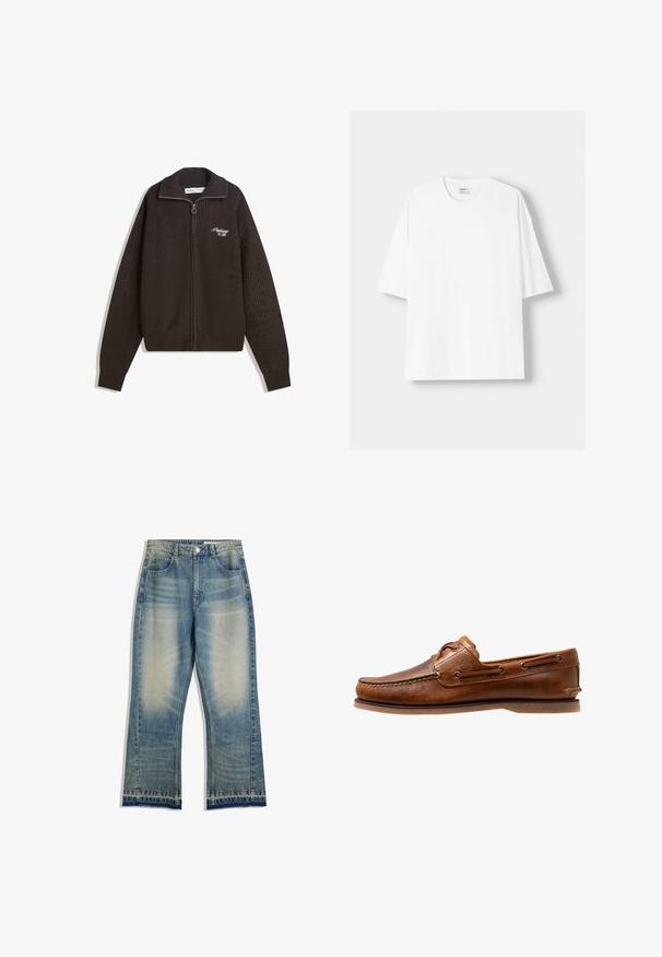 Dunkelbrauner, gestrickter Reißverschluss-Pullover mit hohem Kragen und kleinem weißen gestickten Text auf der linken Brust mit der Aufschrift "Proficient Est. 2001".; Weißes kurzärmliges T-Shirt aus Baumwolle mit Rundhalsausschnitt und lockerer Passform. Glatte Textur, ohne sichtbare Muster oder Akzente.; Hellblaue Jeans aus Denim mit einem leicht verwaschenen Finish, schmal geschnittenem Bein, fünf Taschen und rohen Saumdetails. Keine sichtbaren Hardware-Akzente.; Braune Lederbootsschuhe mit gesteppten Akzenten, metallischen Ösen, einer erhöhten Naht an der Zehe und einer flachen Gummisohle.