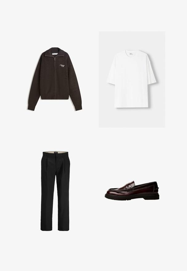 Sötétbarna kötött zip-es pulóver magas gallérral, a bal mellen kicsi, fehér hímzett szöveggel, ami így néz ki: "Proficient Est. 2001".; Fehér, rövid ujjú pamut póló, kerek nyakkivágással és laza szabással. Simább textúra, látható minták vagy díszítések nélkül.; Fekete szabott nadrág lapos elejével, két oldalsó zsebével, sima textúrával és egyenes szabással. Övhurkokkal a stílus fokozásáért.; Barna bőr loaferek lekerekített orral, részletes varrással és gumitalppal. Díszes pánttal rendelkezik, sima textúrájú.