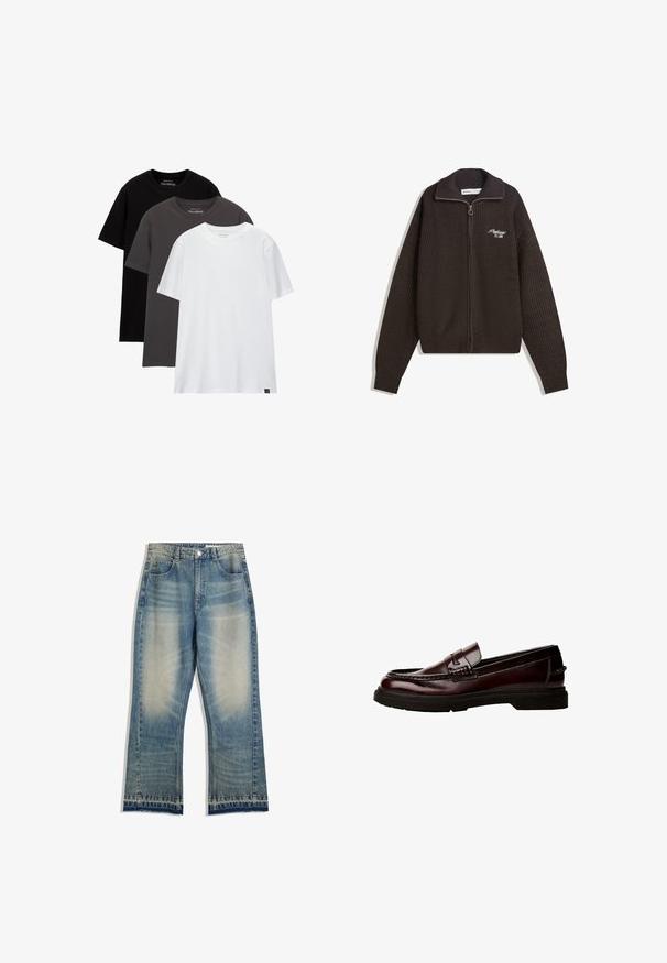 Tummanruskea neulehuppari, jossa on korkea kaulus ja vasemmassa rinnassa pientä valkoista brodeerausta, jossa lukee "Proficient Est. 2001".; Kolme normaalihampaista t-paitaa pinottuna. Värit: musta, tummanharmaa ja valkoinen. Puuvillamateriaalia, lyhyet hihat ja pyöreä kaula-aukko. Vähäinen brändäys.; Vaalensininen farkut, joissa on hieman kulutettu pinta, suora lahje, viisi taskua ja raakareunat. Ei näkyviä komponentteja.; Ruske nahkasaappaat pyöreällä varpaalla, yksityiskohtaisella ompeleella ja kumipohjalla. Ominaisuuksiin kuuluu koristeellinen hihna, sileä pinta.