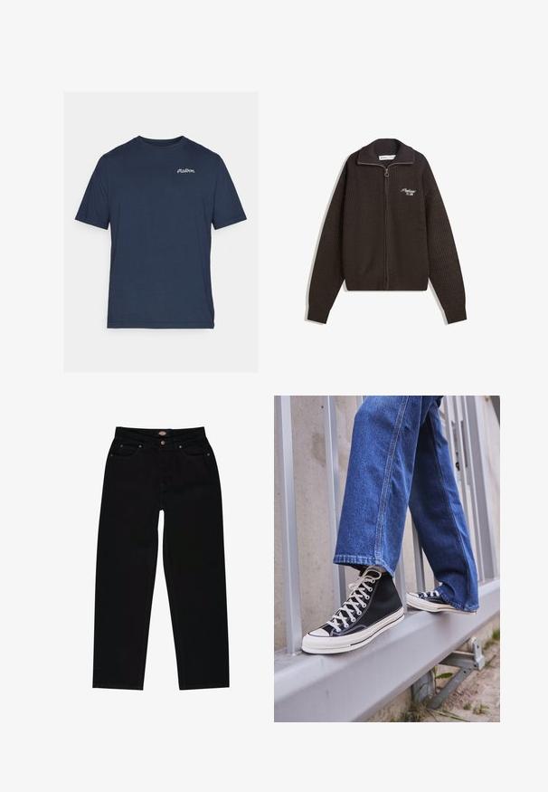 Sötétbarna kötött zip-es pulóver magas gallérral, a bal mellen kicsi, fehér hímzett szöveggel, ami így néz ki: "Proficient Est. 2001".; Tengerészkék pamut póló rövid ujjú. Bal mellkason egy apró fehér hímzett logó található. Kerek nyakú.; Fekete farmernadrág egyenes fazonnal, öt zsebbel, barna cérnával és cipzáros záródással. Sima tapintású és tartós anyagú.; Fekete magasszárú sportcipők fehér talppal és fűzővel, laza kék farmernadrággal párosítva, egy szürke korlát tetején pihenve.