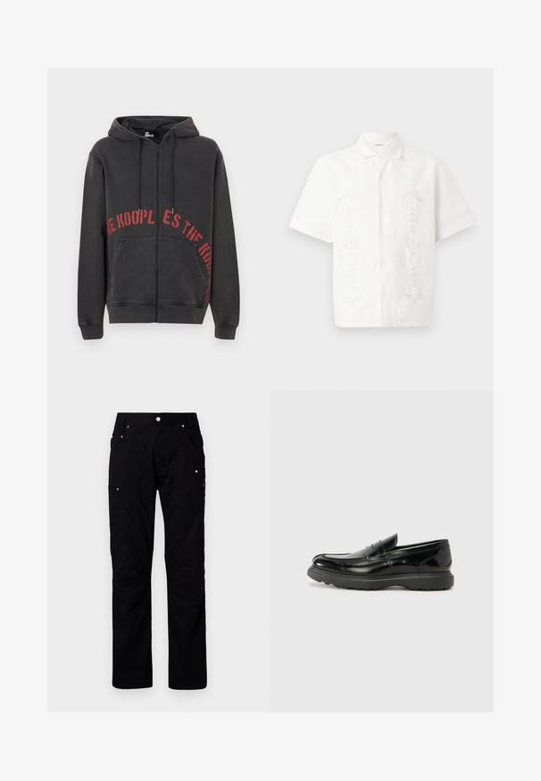 Black zip-up hoodie made of cotton, featuring a red circular text design on the front and two side pockets. Soft, textured fabric.; White short-sleeve shirt made of lightweight fabric, featuring intricate floral embroidery in several patterns, with a classic collar and button closure.; Black cargo pants made of durable fabric featuring multiple pockets, reinforced stitching, and metal accents for enhanced functionality.; Black leather loafer with a glossy finish, rounded toe, subtle stitching details, and a thick rubber sole for durability.