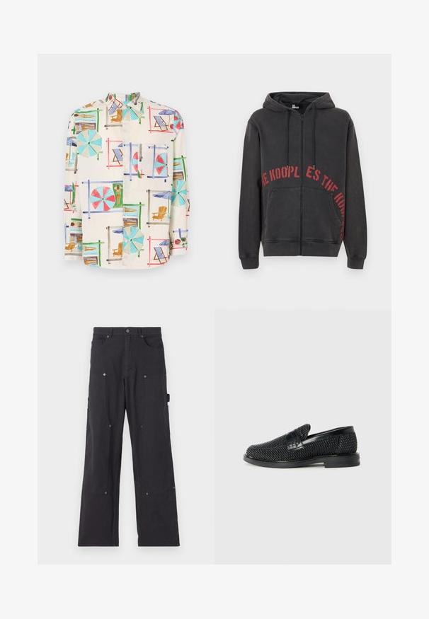 Juodas užtrauktuku užsegamas džemperis, pagamintas iš medvilnės, su raudonu apvaliu tekstu ant priekinės dalies ir dviem šoninėmis kišenėmis. Minkšta, tekstūruota medžiaga.; Trumpas rankovės marškiniai su mygtukais, pagaminti iš lengvos medžiagos, su spalvingu paplūdimio peizažu, kuriame yra skėčiai, kėdės ir saulės mėgėjai.; Juodos cargo kelnės, pagamintos iš tvirto audinio, su tiesiomis kojomis, turinčios priekines kišenes, spaudėmis ir šonines naudingas kišenes.; Juodas pintas slip-on tipo batelis su lygiu odiniu akcentu viršuje, apvalios nosies dizainas ir žemas guminis padas.