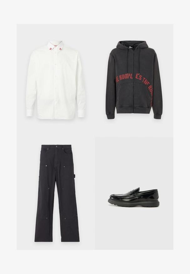 Čierna mikina na zips vyrobená z bavlny, na prednej strane s červeným kruhovým textovým dizajnom a dvoma bočnými vreckami. Mäkká, textúrovaná tkanina.; Biela košeľa na gombíky vyrobená z bavlny s klasickým golierom. Obsahuje červené akcenty na špičkách goliera a jednoduchý dizajn. Hladká textura.; Čierne cargo nohavice vyrobené z odolnej tkaniny s rovnými nohavicami, obsahujúce predné vrecká, cvoky a bočné úžitkové vrecká.; Čierne kožené mokasíny s lesklým povrchom, okrúhlou špicou, subtilnými švami a hrubou gumovou podrážkou pre zvýšenú odolnosť.