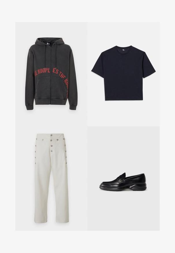 Črna zip-up kapuca iz bombaža, ki ima spredaj rdeč krožni napis in dva stranska žepa. Mehak, teksturiran material.; Mornarsko modra majica s kratkimi rokavi, izdelana iz bombaža. Ima okroglo ovratnik, udoben kroj in majhen logotip na sprednji strani.; Hlače kremaste barve s ravnim krojem, ki imajo dekorativne detajle iz srebrne barve na obeh straneh in gladko teksturo tkanine.; Črne usnjene loafer čevlje z nizkim, teksturiranim gumijastim podplatom in šivanim dizajnom na zgornjem delu. Imajo okrogel nasvet in minimalne okraske.