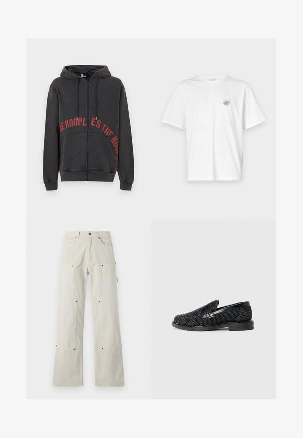 Sudadera negra con cremallera fabricada en algodón, que presenta un diseño de texto circular rojo en la parte frontal y dos bolsillos laterales. Tejido suave y texturizado.; Camiseta blanca de algodón con mangas cortas, cuello redondo y un pequeño logo gris en el lado izquierdo del pecho. Textura suave.; Pantalones de pierna ancha, de color beige claro, fabricados en algodón con una textura suave, que presentan bolsillos de parche y detalles de metal.; Zapato negro de tejido con un acento de cuero suave en la parte superior, diseño de punta redonda y suela de goma de perfil bajo.