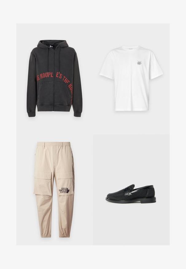 Black zip-up hoodie made of cotton, featuring a red circular text design on the front and two side pockets. Soft, textured fabric.; White t-shirt made of cotton featuring short sleeves, a crew neck, and a small gray logo on the left chest area. Smooth texture.; Beige cargo pants made of lightweight fabric, featuring an elastic waistband, zip pockets, and a printed logo on the left leg.; Black woven slip-on shoe with a smooth leather accent on the upper, a round toe design, and a low-profile rubber sole.