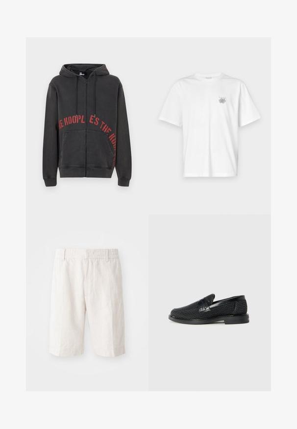 Czarna bluza z kapturem na zamek, wykonana z bawełny, z czerwoną, okrągłą grafiką tekstową na przodzie oraz dwoma bocznymi kieszeniami. Miękka, teksturowana tkanina.; Biała koszulka z bawełny z krótkimi rękawami, okrągłym dekoltem i małym szarym logo po lewej stronie klatki piersiowej. Gładka tekstura.; Lnianowe szorty w jasnym beżu z elastycznym paskiem w talii, bocznymi kieszeniami i prostym krojem. Gładka tekstura z minimalnie widocznymi szwami.; Czarny, pleciony but wsuwany z gładkim skórzanym akcentem na cholewce, o okrągłym nosku i niskoprofilowej gumowej podeszwie.