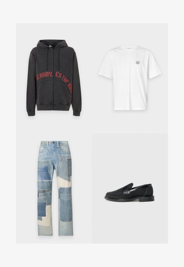 Melnas aizsietas kapučjakas, kas izgatavota no kokvilnas, ar sarkanu apļveida teksta dizainu priekšā un divām sānu kabatām. Mīksts, teksturēts audums.; Baltas kokvilnas T-krekls ar īsām piedurknēm, apaļu dekoltē un mazu pelēku logo kreisajā krūšu daļā. Gluda tekstūra.; Gai zils džinsi ar ieliktņu dizainu, kas veidots no dažādiem zilo toņu nokrāsu, neregulārām formām un plīsušiem malām, radot tekstūru kontrastu.; Melnas austas slaidu kurpes ar gludu ādas akcentu augšpusē, apaļas formas purngalu un zemas profila gumijas zoli.