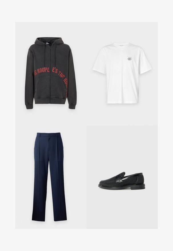 Must mustaga, millel on ees punane ringikujuline tekstikujundus ja kaks küljetaskut. Pehme, tekstuuriga kangas.; Valge puuvillane T-särk lühikeste varrukatega, ümmarguse kaelusega ja väike hall logo vasakul rinnaosal. Sile tekstuur.; Tumedast sinine lõige sirge jala ja pehme tekstuuriga püksid, millel on kaks esist pleki. Kotid pole nähtavad.; Must musta kootud slip-on king, millel on pehme nahast accent ülaserval, ümmargune varvas ja madal profiiliga kummitald.