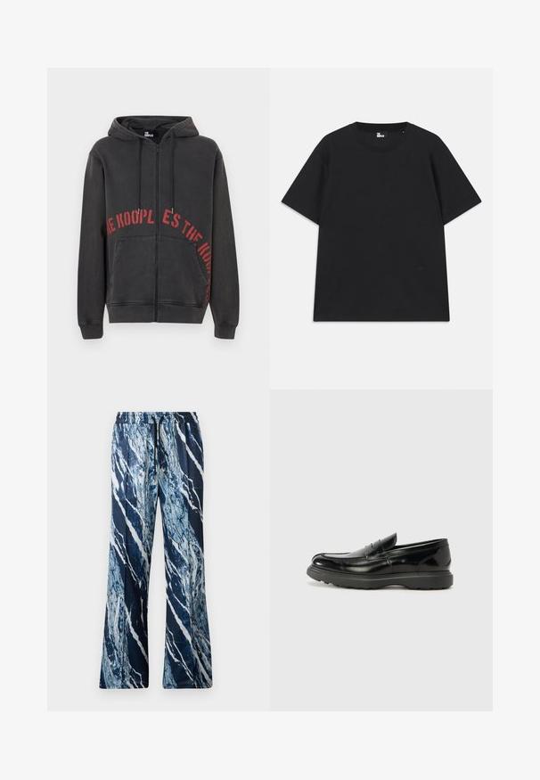 Zwarte zip-up hoodie van katoen, met een rode cirkelvormige tekstontwerp op de voorkant en twee zijzakken. Zacht, textuurachtig materiaal.; Zwart kortebril T-shirt van katoen, met een ronde hals en een klein logo detail near de zoom. Gladde textuur, normale pasvorm.; Roberto Cavalli MARBLE TECH TRACK PANT - Broek - blue; Zwarte leren instapper met een glanzende afwerking, een ronde neus, subtiele stiksels en een dikke rubberen zool voor duurzaamheid.