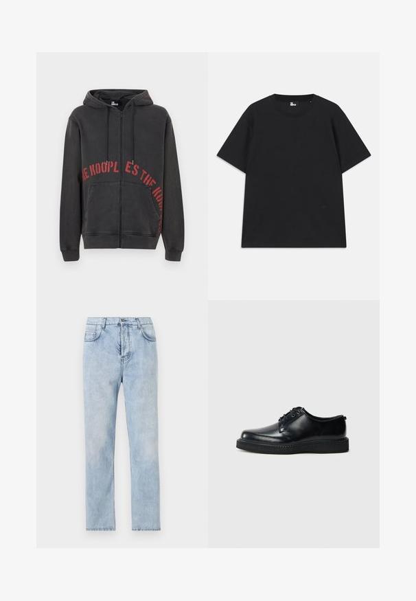 Čierna mikina na zips vyrobená z bavlny, na prednej strane s červeným kruhovým textovým dizajnom a dvoma bočnými vreckami. Mäkká, textúrovaná tkanina.; Čierne tričko s krátkym rukávom vyrobené z bavlny, s okrúhlym výstrihom a malým logom pri leme. Hladká textúra, bežný strih.; Svetlo modré džíny s rovnými nohavicami, päť vreckami a viditeľnými švami. Materiál je mäkký s jemne vyblednutým povrchom.; Čierne kožené šnurovacie topánky s okrúhlou špičkou, hladkým povrchom a textúrovanou čiernou gumovou podrážkou. Minimalistický dizajn bez viditeľných vzorov.