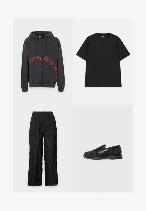 Černá mikina na zip vyrobená z bavlny, s červeným kruhovým textovým designem na přední straně a dvěma bočními kapsami. Měkká, texturovaná látka.; Černé tričko s krátkým rukávem z bavlny, s kulatým výstřihem a malým logem poblíž lemu. Hladká textura, běžný střih.; Černé plátěné kalhoty s wide-leg střihem a strukturovaným povrchem. Mají elastický pas a jemné sklady.; Černé pletené nazouvací boty s hladkým koženým akcentem na svršku, kulatou špičkou a nízkoprofilovou gumovou podrážkou.