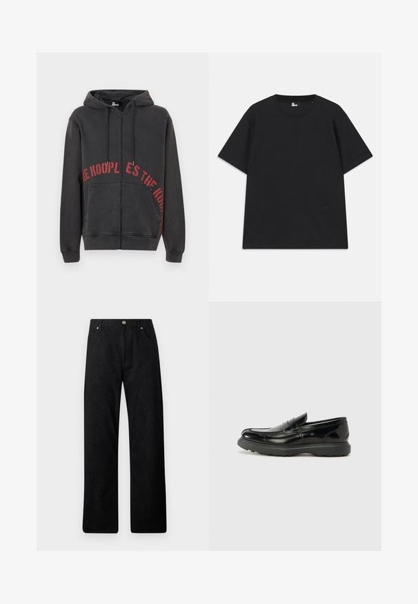 Must mustaga, millel on ees punane ringikujuline tekstikujundus ja kaks küljetaskut. Pehme, tekstuuriga kangas.; Must värviline lühikeste varrukatega T-särk, mis on valmistatud puuvillast, ümmarguse kaelusega ja väikese logo detailiga allääres. Sile tekstuur, regulaarne lõige.; Mustad mustad, millel on tekstureeritud nahkade muster, sirge jalaga lõige, kaks esikotti ja metallist nööpkinnitus.; Must musta nahk loafer läikiva viimistlusega, ümar varvas, delikaatsed õmblusdetailid ja paks kummist tallad vastupidavuse tagamiseks.