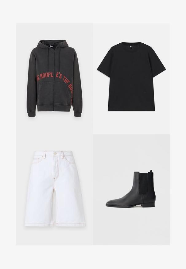 Must mustaga, millel on ees punane ringikujuline tekstikujundus ja kaks küljetaskut. Pehme, tekstuuriga kangas.; Must värviline lühikeste varrukatega T-särk, mis on valmistatud puuvillast, ümmarguse kaelusega ja väikese logo detailiga allääres. Sile tekstuur, regulaarne lõige.; Valged denimi lühikesed püksid, millel on sirge lõige, viis taskut ja kontrastne pruun õmblus. Sisaldab ees nupul ja tõmblukku.; Mustast nahast Chelsea saabastel on elastsed küljepaneelid ja madal kokkupandud konts, esitatud profiililt ühevärvisel heledal taustal.