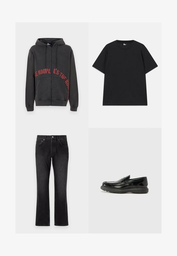 Hoodie zippé noir en coton, avec un design de texte circulaire rouge sur le devant et deux poches latérales. Tissu doux et texturé.; T-shirt noir à manches courtes en coton, avec un col rond et un petit logo près de l'ourlet. Texture lisse, coupe régulière.; Jean en denim noir avec une coupe droite, présentant une taille mi-haute, des poches avant et une fermeture à boutons classique.; Mocassin en cuir noir avec une finition brillante, bout arrondi, détails de couture subtils et semelle en caoutchouc épaisse pour la durabilité.