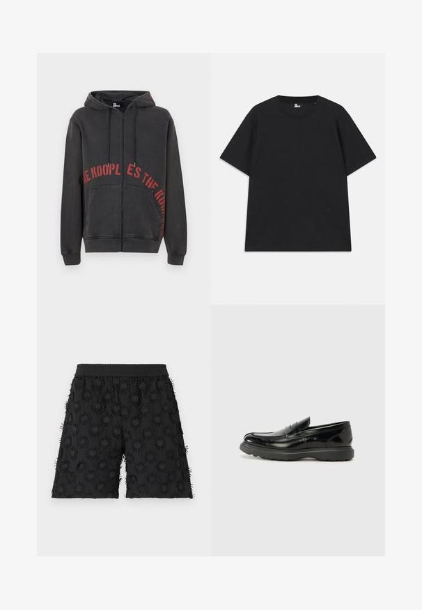 Felpa nera con zip realizzata in cotone, caratterizzata da una stampa testuale rossa circolare sul davanti e due tasche laterali. Tessuto morbido e dalla consistenza piacevole.; T-shirt nera a maniche corte in cotone, con scollo rotondo e un piccolo logo vicino all'orlo. Tessuto liscio, vestibilità regolare.; Pantaloni corti neri con vita elasticizzata, decorati con motivi circolari testurizzati e ricami, creando un effetto tridimensionale.; Mocassino in pelle nera con finitura lucida, punta arrotondata, dettagli di cucitura sottili e suola in gomma spessa per una maggiore durata.