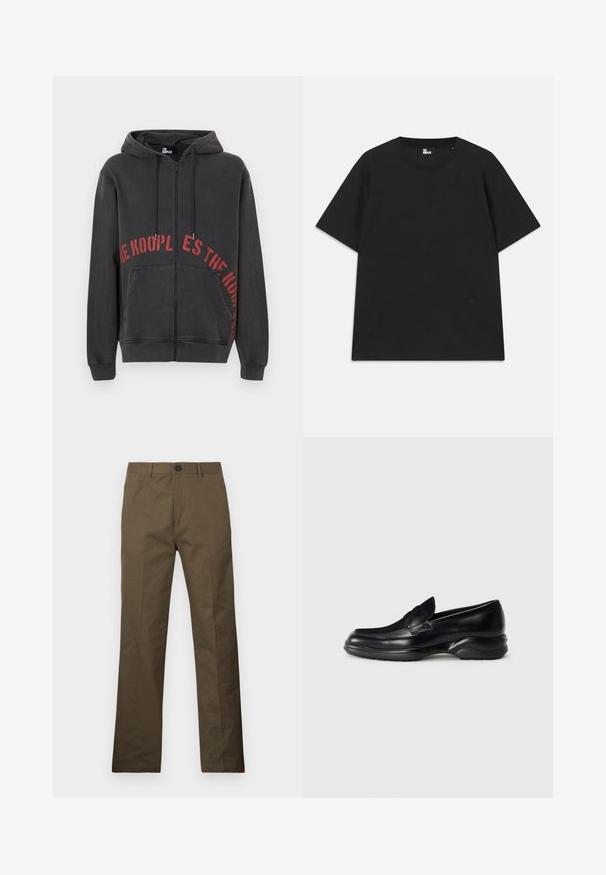 Sudadera negra con cremallera fabricada en algodón, que presenta un diseño de texto circular rojo en la parte frontal y dos bolsillos laterales. Tejido suave y texturizado.; Camiseta de algodón de manga corta en color negro, con cuello redondo y un pequeño logo cerca del dobladillo. Textura suave, corte regular.; Pantalones de algodón marrones con corte recto, con cierre de botón y bolsillos laterales, mostrados sobre un fondo blanco.; Mocasines de piel negra con una suela de goma texturizada y baja, y un diseño de costura en la parte superior. Presenta una punta redondeada y mínimas ornamentaciones.