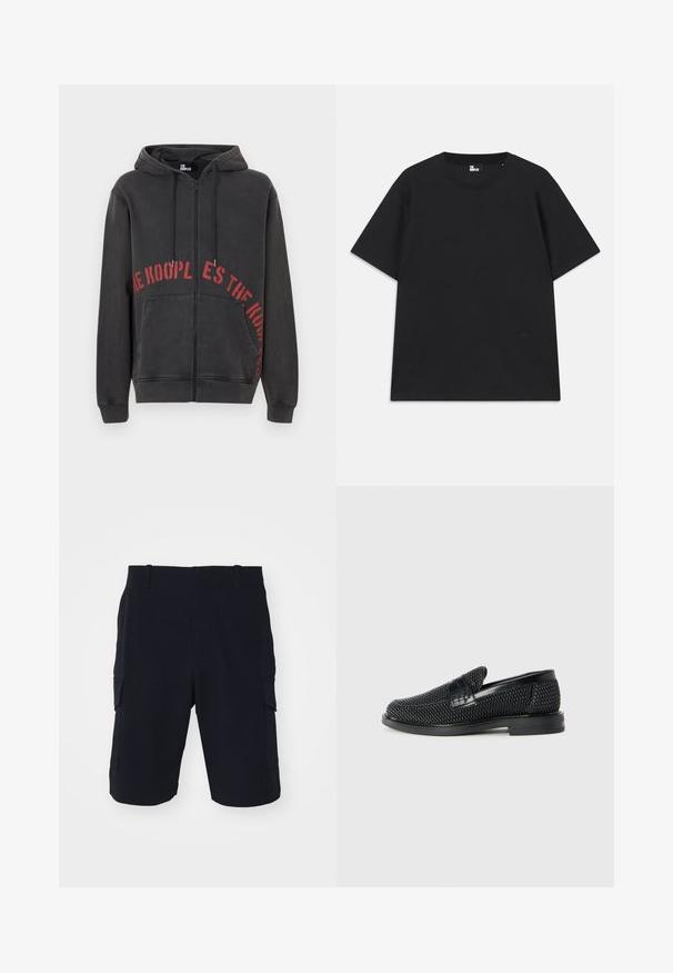 Black zip-up hoodie made of cotton, featuring a red circular text design on the front and two side pockets. Soft, textured fabric.; Black short-sleeve t-shirt made of cotton, featuring a round neckline and a small logo detail near the hem. Smooth texture, regular fit.; rag & bone CADE - Shorts - black; Black woven slip-on shoe with a smooth leather accent on the upper, a round toe design, and a low-profile rubber sole.