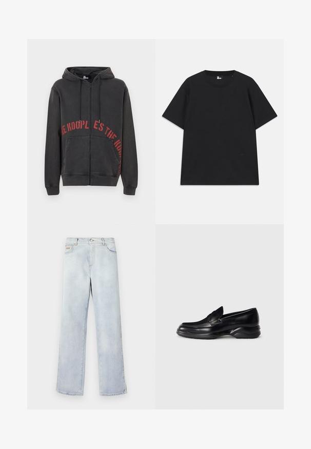 Must mustaga, millel on ees punane ringikujuline tekstikujundus ja kaks küljetaskut. Pehme, tekstuuriga kangas.; Must värviline lühikeste varrukatega T-särk, mis on valmistatud puuvillast, ümmarguse kaelusega ja väikese logo detailiga allääres. Sile tekstuur, regulaarne lõige.; Heledad sinine denimpüksid otse jalgadega kujundusega, millel on nööbkinnitus, viis taskut ja kontrastne õmblus.; Mustad mustad nahast loafers, millel on madal, tekstureeritud kummitald ja õmmeldud disain peal. Omab ümarat nina ja minimaalset kaunistust.