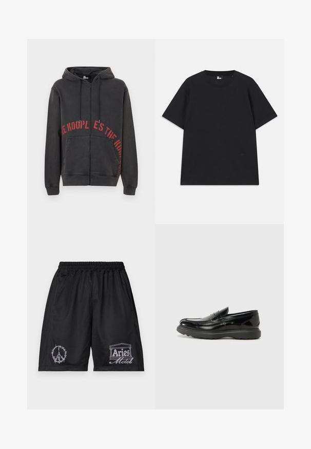 Schwarzer Reißverschluss-Hoodie aus Baumwolle, mit einem roten, kreisförmigen Textdesign auf der Vorderseite und zwei Seitentaschen. Weicher, strukturierten Stoff.; Schwarzes Kurzarm-T-Shirt aus Baumwolle mit rundem Halsausschnitt und einem kleinen Logo-Detail am Saum. Glatte Textur, reguläre Passform.; Schwarze Mesh-Shorts mit elastischem Bund. Verfügt über ein weißes, gesticktes Peace-Zeichen und das "Aries Motel"-Logo im kontrastierenden Design.; Schwarze Lederloafer mit glanzendem Finish, abgerundetem Zehenbereich, subtilen Steppnähten und einer dicken Gummisohle für Langlebigkeit.