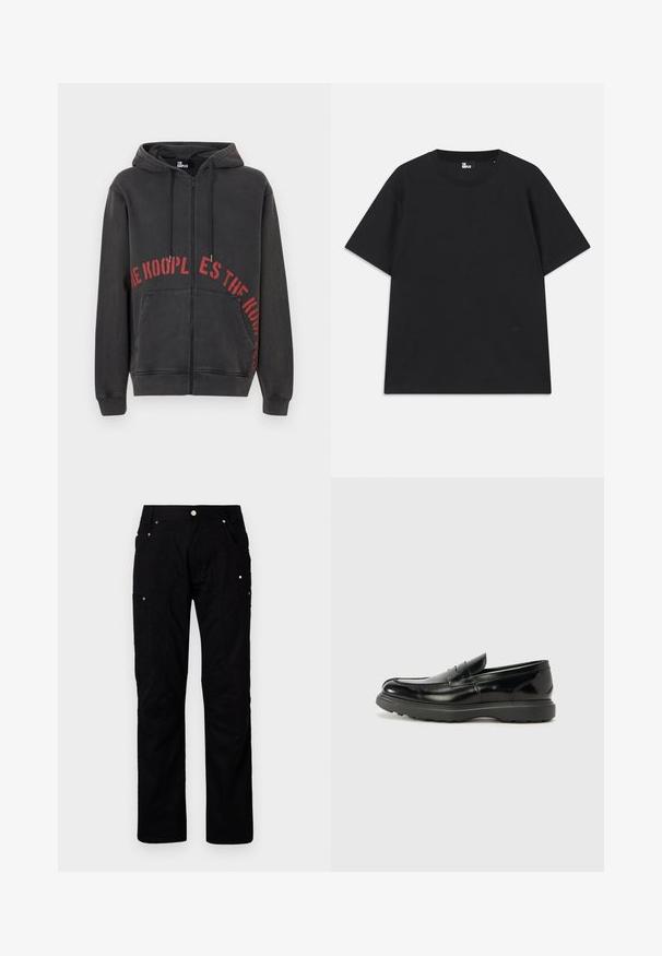 Moletom preto com fecho éclair, feito de algodão, com um design de texto circular vermelho na frente e dois bolsos laterais. Tecido macio e texturizado.; Camiseta preta de mangas curtas em algodão, com decote redondo e um pequeno detalhe de logo perto da bainha. Textura suave, corte regular.; Calças cargo pretas feitas de um tecido durável, com múltiplos bolsos, costuras reforçadas e acessórios em metal para uma funcionalidade aprimorada.; Mocassim de couro preto com acabamento brilhante, bico arredondado, detalhes de costura subtil e sola de borracha espessa para durabilidade.