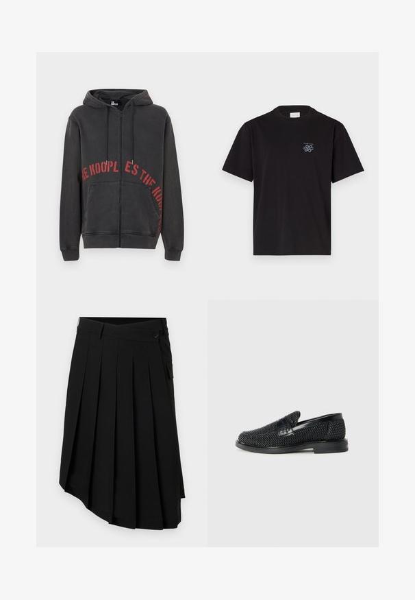 Svart zip-up hoodie i bomull, med en röd cirkulär textdesign på framsidan och två sidfickor. Mjuk, strukturerad tyg.; Svart bomullströja med rund hals och korta ärmar. Har en liten blå logotyp på vänster bröst. Enkel, rak design.; Feng Chen Wang PLEATED MIDI SKIRT - Shorts - black; Svart vävd slip-on sko med en slät läderdetalj på ovansidan, med rund tådesign och en låg gummisula.