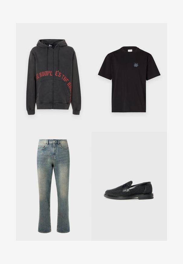 Sudadera negra con cremallera fabricada en algodón, que presenta un diseño de texto circular rojo en la parte frontal y dos bolsillos laterales. Tejido suave y texturizado.; Camiseta de algodón negra con cuello redondo y mangas cortas. Presenta un pequeño logo azul en el lado izquierdo del pecho. Diseño simple y de corte recto.; Jeans de mezclilla azul claro con pierna recta, cintura media y desvanecido sutil. Presenta un estilo clásico de bolsillos y costuras en contraste.; Zapato negro de tejido con un acento de cuero suave en la parte superior, diseño de punta redonda y suela de goma de perfil bajo.