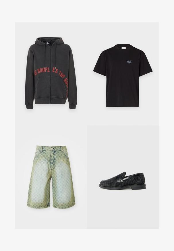 Svart hettegenser med glidelås laget av bomull, med en rød sirkulær tekstdesign på framsiden og to sidelommer. Myk, teksturert stoff.; Svart bomulls T-skjorte med rund hals og korte ermer. Har en liten blå logo på venstre bryst. Enkel, rettskåret design.; Dongerishorts med et teksturert mønster, lys blå til grønn gradient, klassisk fem-lommerdesign og metallknappfeste.; Sorte vevde slip-on sko med en glatt lærdetalj på overdelen, design med rund tå og en lavprofil gummisåle.