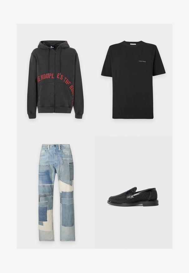 Black zip-up hoodie made of cotton, featuring a red circular text design on the front and two side pockets. Soft, textured fabric.; Black cotton T-shirt with a crew neckline, short sleeves, and a small white "TIGER OF SWEDEN" logo on the chest. Classic fit.; Light blue denim jeans featuring a patchwork design with various shades of blue, irregular shapes, and frayed edges, creating textured contrast.; Black woven slip-on shoe with a smooth leather accent on the upper, a round toe design, and a low-profile rubber sole.