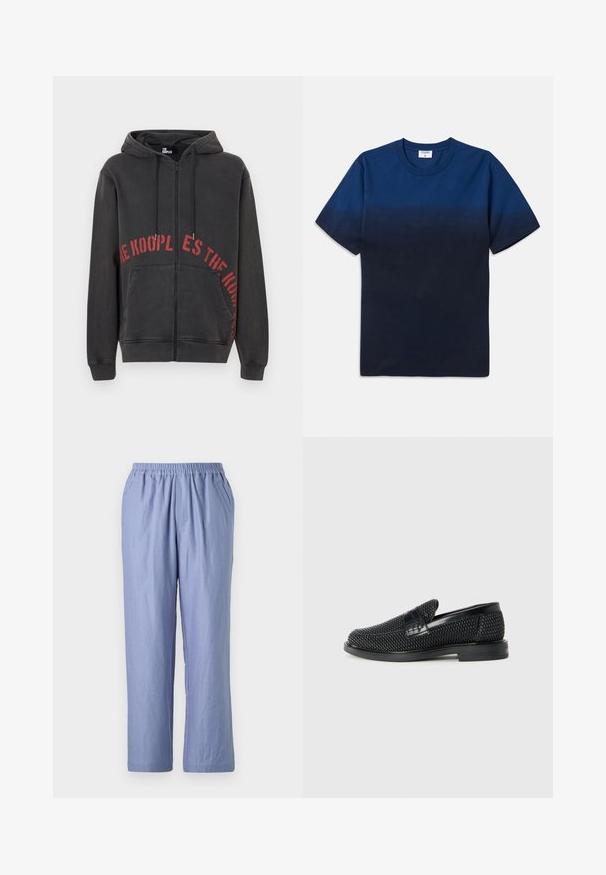 Svart zip-up hoodie i bomull, med en röd cirkulär textdesign på framsidan och två sidfickor. Mjuk, strukturerad tyg.; Mörkblå bomullströja med rund hals, korta ärmar och en subtil gradientdesign som övergår från ljusare till mörkare nyanser.; Ljust blå, löst sittande byxor med elastisk midja, två sidofickor och raka ben. Tillverkade av mjukt tyg med en slät yta.; Svart vävd slip-on sko med en slät läderdetalj på ovansidan, med rund tådesign och en låg gummisula.