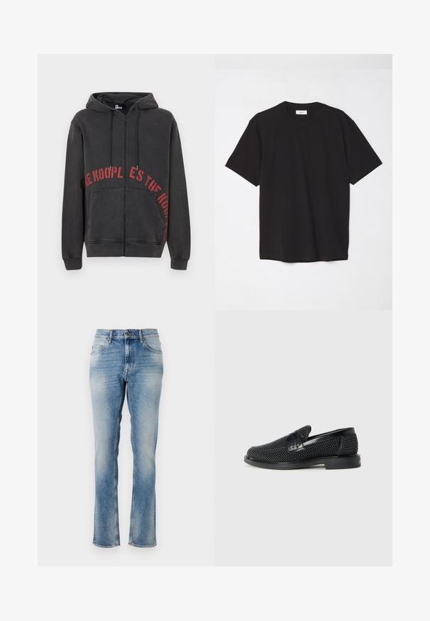 Fekete zipzáras kapucnis pulóver pamutból, elöl piros köralakú szövegtervezéssel és két oldalsó zsebével. Puha, texturált anyag.; Fekete pamut póló kerek nyakkal, rövid ujjakkal és laza szabással. Egyszerű dizájn, sima textúra, látható minták vagy logók nélkül.; Világoskék farmernadrág, egyenes lábformával, finom kopásokkal, öt zsebbel, valamint varrott díszítésekkel a deréknál és a szegélyeknél.; Fekete szőtt slip-on cipő sima bőr díszítéssel a felsőrészen, kerek orral és alacsony profilos gumitalppal.