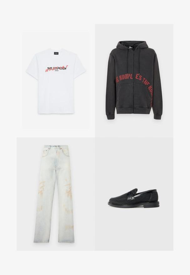 Czarna bluza z kapturem na zamek, wykonana z bawełny, z czerwoną, okrągłą grafiką tekstową na przodzie oraz dwoma bocznymi kieszeniami. Miękka, teksturowana tkanina.; Biała bawełniana koszulka z krótkim rękawem z czarnym i koralowym nadrukiem graficznym. Tekst brzmi: "THE KOOPLES? CO?" oraz "PARYŻ."; Jasnoniebieskie dżinsy o wysokim stanie, szerokich nogawkach i drobnych przetarciach. Charakteryzują się tradycyjnym pięciopocketowym designem oraz metalowymi detalami.; Czarny, pleciony but wsuwany z gładkim skórzanym akcentem na cholewce, o okrągłym nosku i niskoprofilowej gumowej podeszwie.