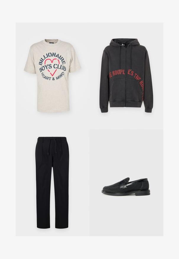 Juodas užtrauktuku užsegamas džemperis, pagamintas iš medvilnės, su raudonu apvaliu tekstu ant priekinės dalies ir dviem šoninėmis kišenėmis. Minkšta, tekstūruota medžiaga.; Billionaire Boys Club HEART & MIND STENCIL LOGO - Marškinėliai su spaudiniu - oat; Juodos kelnės pagamintos iš lygaus audinio, turinčios raištelį juosmens srityje, tiesių kojų ir priekinėmis klostėmis, suteikiančiomis struktūrizuotą išvaizdą.; Juodas pintas slip-on tipo batelis su lygiu odiniu akcentu viršuje, apvalios nosies dizainas ir žemas guminis padas.