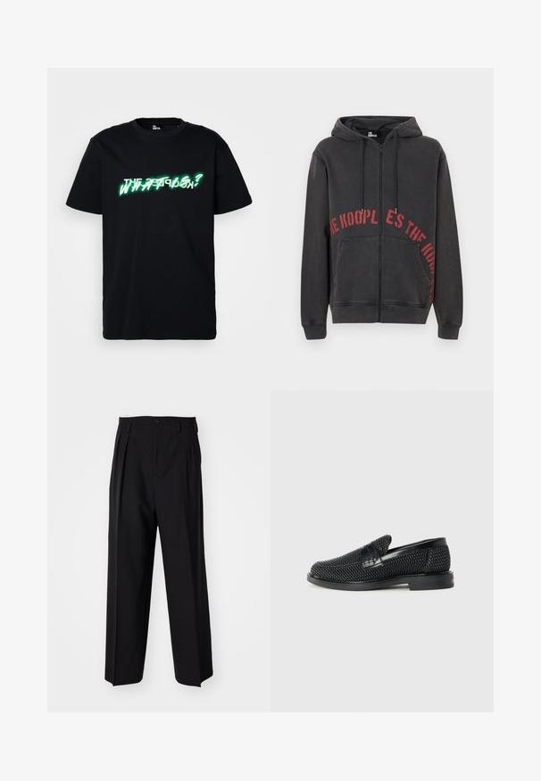 Črna zip-up kapuca iz bombaža, ki ima spredaj rdeč krožni napis in dva stranska žepa. Mehak, teksturiran material.; Črna bombažna majica s bold zelenimi in belimi grafičnimi napisi "KAJ JE?" spredaj. Okrogla izreza in kratkimi rokavi.; Črne nabirane hlače s ravnim, širokim krojem. Narejene so iz gladkega materiala in imajo zadrgo ter pasne zanke.; Črne pletene zavezane čevlje s gladkim usnjenim poudarkom na zgornjem delu, okroglo zasnovo nosu in nizkoprofilsko gumijasto podplat.