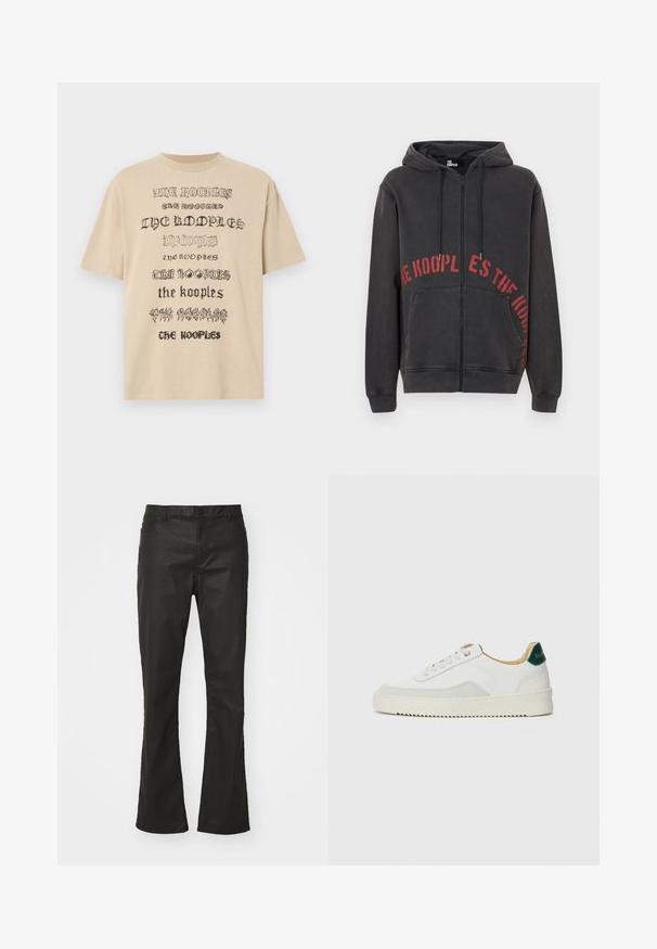 Svart hettegenser med glidelås laget av bomull, med en rød sirkulær tekstdesign på framsiden og to sidelommer. Myk, teksturert stoff.; Beige oversized t-skjorte med gjentatte tekstgrafikker i svart, med varierende skrifttyper. Laget av myk bomullsstoff.; Svarte, utsvingte jeans laget av en bomullsmiks, med knappelukking, fem lommer og en subtil glans på den teksturerte overflaten.; Hvit sneakers med semsket detaljer, rund tå, flate snøringer og en kremfarget gummisåle. Har grønn merking på hælen.