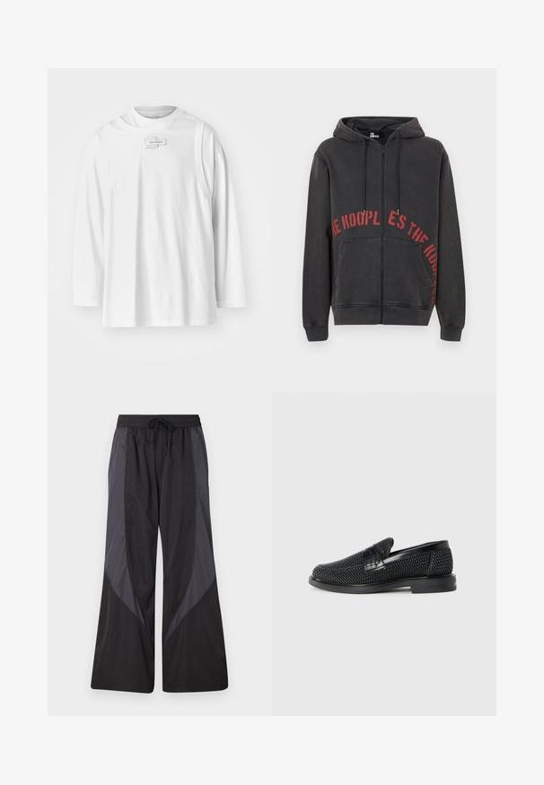 Schwarzer Reißverschluss-Hoodie aus Baumwolle, mit einem roten, kreisförmigen Textdesign auf der Vorderseite und zwei Seitentaschen. Weicher, strukturierten Stoff.; Feng Chen Wang DECONSTRUCTION UNISEX - Langarmshirt - white; Han Kjøbenhavn PANELLED TRACK TROUSERS - Jogginghose - anthracite black; Schwarzer geflochtener Slipper mit einem glatten Lederakzent im Obermaterial, einem runden Zehendesign und einer flachen Gummisohle.