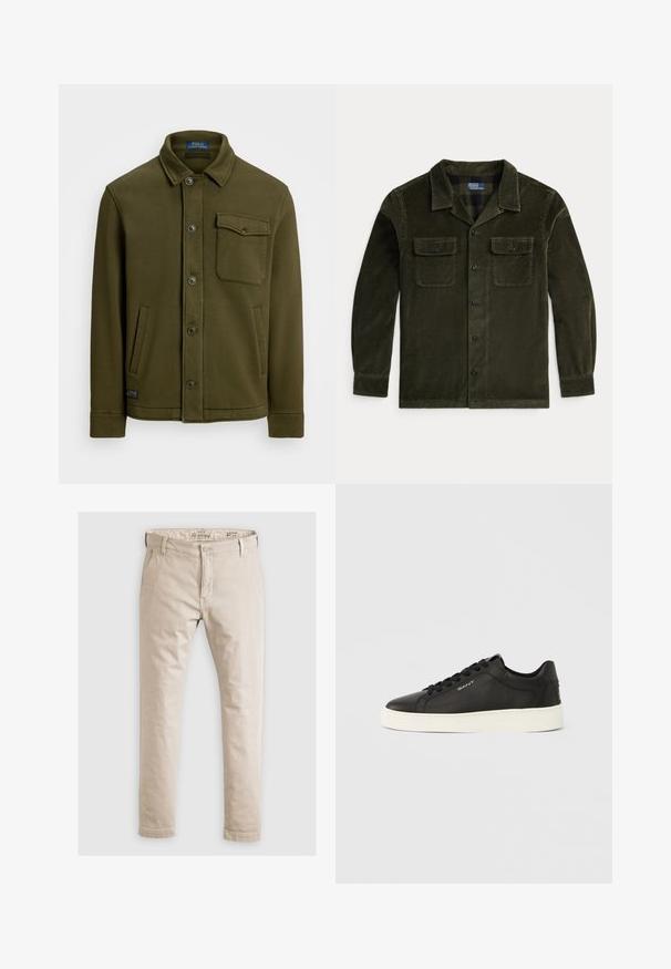 Jachetă din bumbac de culoare verde măsliniu închis, cu guler, nasturi în față, un buzunar pe piept și două buzunare laterale. Textură netedă, cu detalii minime.; Jachetă din tercot verde închis cu mâneci lungi, două buzunare pe piept și închidere cu nasturi. Prezintă un guler clasic și textură ribbedorizontală.; Chino din bumbac bej, cu un design drept, având fermoar și închidere cu nasture. Textură netedă, cu detalii minime la buzunare.; Adidași din piele neagră cu talpă albă din cauciuc, șireturi plate și detaliu cu logo pe lateral. Textură netedă și design cu vârf rotunjit.