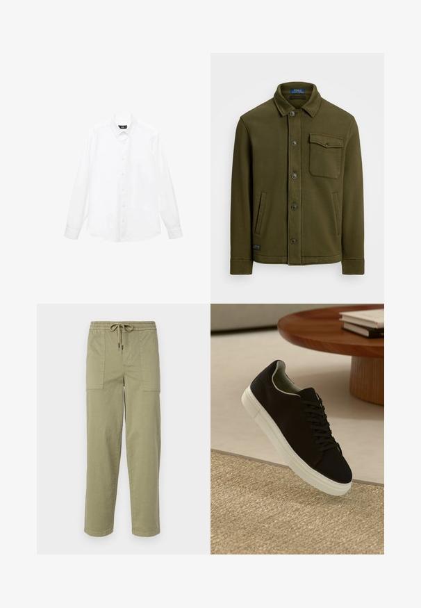Mørkeoliven grøn bomuldsjakke med krave, frontknapper, en brystlomme og to sidelommer. Glat tekstur med minimal detailing.; Hvid langærmet skjorte med knap-ned krave, for-bukser, lige søm og blødt bomuldsstof. Minimalistisk design uden mønstre.; Lys olivengrønne bukser lavet af en bomuldsblanding, med elastisk talje med snor og to store sidelommer.; Sort sneaker med hvid sål svævende over en beige tekstureret tæppe nær et rundt trætabel med stablede bøger.
