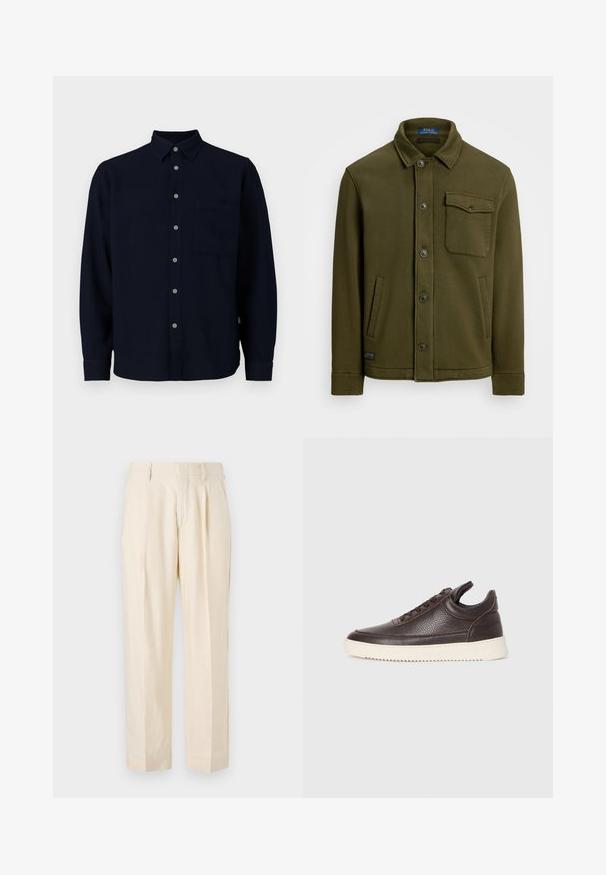 Tumeoliivne puuvillane jakk krae, esifirmad, üks rinnatasku ja kaks küljetaskut. Sujuv tekstuur minimaalsete detailidega.; Tumesinise pikkade varrukatega särk, mis on valmistatud pehmest kangast. Omab nööpidega esiosalist, teravat krae ning rinna taskut. Hallid nööbid loovad kontrasti.; NN.07 KAY - Püksid - off white; Tumepruun tekstureeritud nahast sportking, millel on nööpidega esiosa ja valge soonikuga kummitald, heledal ühtlasel taustal.