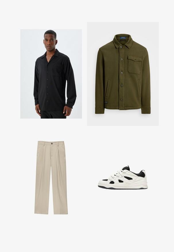 Giacca in cotone verde oliva scuro con colletto, bottoni frontali, una tasca sul petto e due tasche laterali. Tessuto liscio con dettagli minimi.; Camicia nera a maniche lunghe con colletto a punte, taschino frontale e chiusura con bottoni; tessuto liscio con una sottile texture.; Pantaloni beige a taglio dritto, con un solo bottone nero, passanti per la cintura e tasche laterali. Tessuto dalla texture liscia e design minimale.; Scarpe da ginnastica bianche e nere con suola testurizzata, caratterizzate da intagli sui lati e lacci, e una schiena imbottita per il supporto.