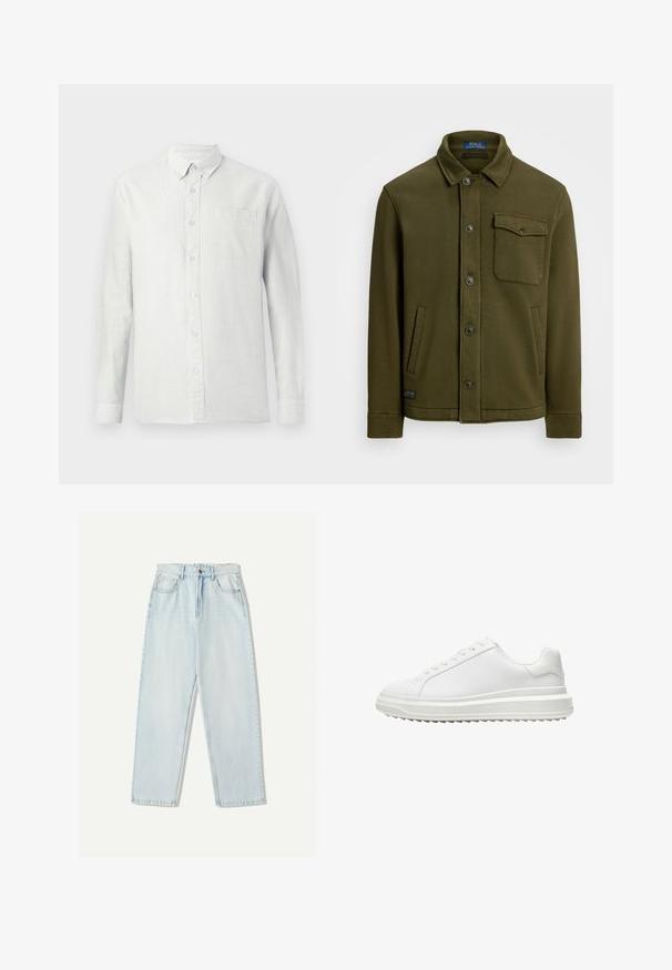 Tamno maslinasto zelena pamučna jakna s kragnom, prednjim dugmadi, jednom džepom na prsima i dva bočna džepa. Glatka tekstura s minimalnim detaljima.; Svijetla košulja dugih rukava s vertikalnim prugama, ovratnikom s dugmadi i džepom na prsima. Tkanina izgleda teksturirano s mekim završetkom.; Svijetloplave traperice s opuštenim krojem, ravnim nogavicama, pet džepova i suptilnim izbljeđivanjem na tkanini.; Bijela tenisica s glatkim sintetičkim gornjim dijelom, okruglim vrhom, ravnim vezicama, teksturiranim potplatom i složenim, platformastim dizajnom za dodatnu visinu.