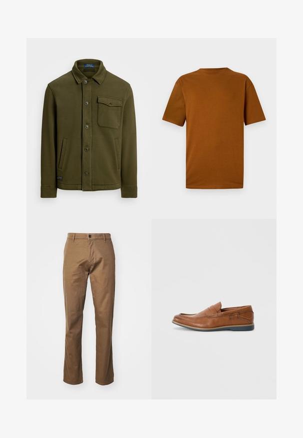 Casaco de algodão verde oliva escuro, com colarinho, botões à frente, um bolso no peito e dois bolsos laterais. Textura suave com detalhes mínimos.; T-shirt de manga curta em algodão laranja queimado. Apresenta um decote redondo, um ajuste relaxado e uma textura suave, sem padrões ou acessórios.; DOCKERS ORIGINAL SLIM - Chinos - cub; Mocassins de couro castanho com bico arredondado, detalhes em costura e sola baixa em borracha. O design apresenta uma faixa na parte superior.