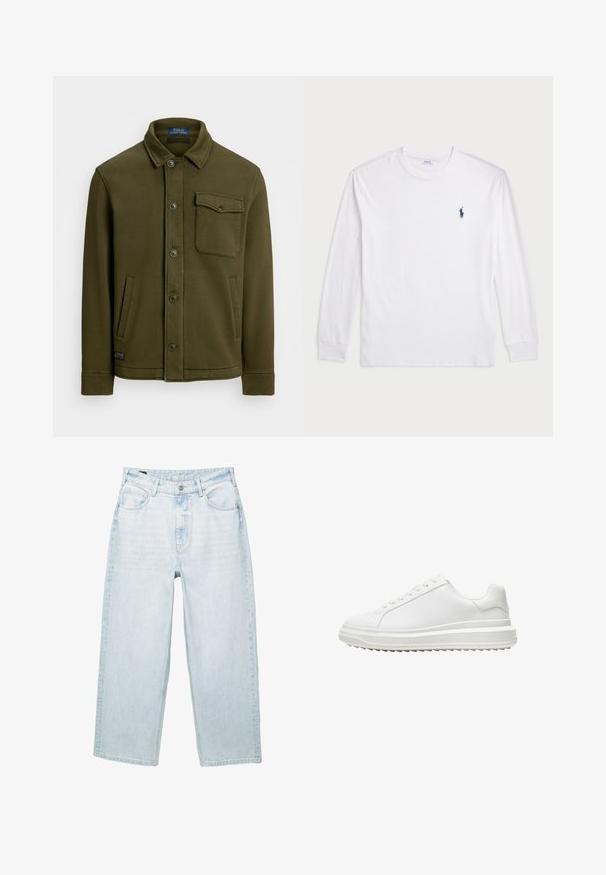 Ciemnooliwkowa bawełniana kurtka z kołnierzem, z przodu na guziki, jedna kieszeń na piersi i dwie kieszenie boczne. Gładka faktura z minimalnymi detalami.; Biały t-shirt z długim rękawem wykonany z bawełny. Posiada okrągły dekolt, ściągacze przy mankietach oraz małe granatowe logo polo na lewej piersi.; Jasnoniebieskie dżinsy o luźnym kroju, z pięcioma kieszeniami, zamkiem błyskawicznym i widocznym szwem. Materiał ma miękką teksturę.; Białe sneakersy z gładką syntetyczną cholewką, okrągłym noskiem, płaskimi sznurowadłami, teksturowana podeszwa oraz warstwowym, platformowym designem dla dodatkowej wysokości.